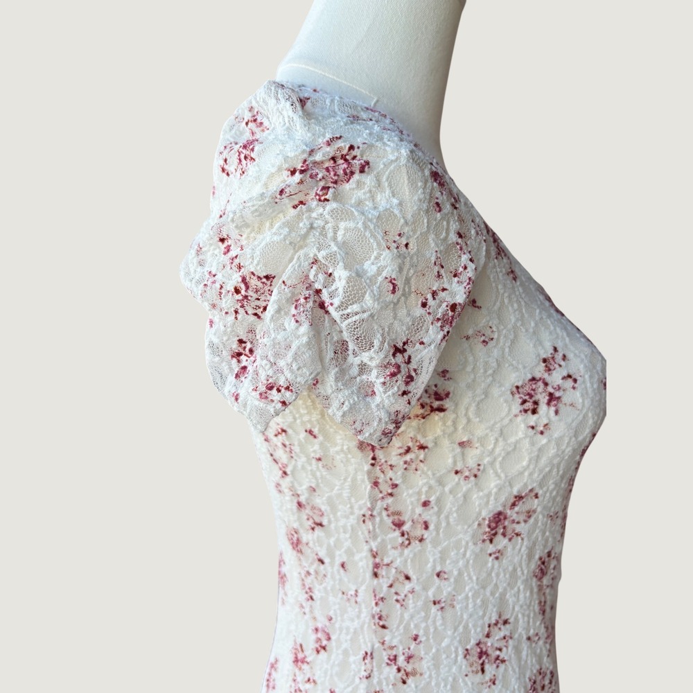 Maurices Lace Top Small White Red Floral Short Puff Sleeve Cottagecore Romantic - Picture 3 of 11